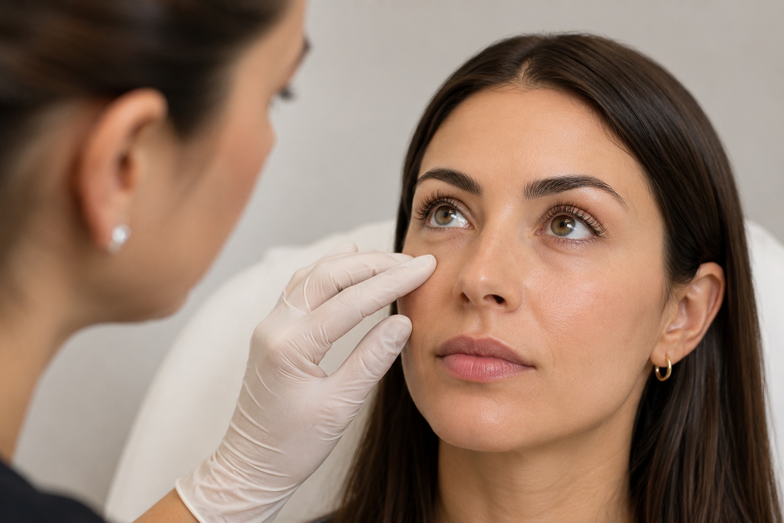 Woman Getting Tear Troughs Checked In Consultation